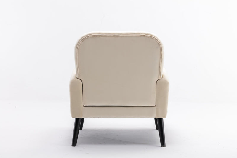 Accent chair, KD solid wood legs with black painting. Fabric cover the seat. With a cushion.