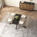 55.11" -70.86"Retro Rectangular Stretch Dining Table, Grey Carole Top With Black Embossed Center Plate, Black Fine Sand Cross Iron Foot Base Dining Table, With Storage Box.