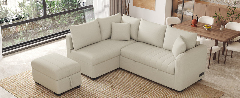 82.6" L-shaped Sectional Pull Out Sofa Bed Sleeper Sofa with Two USB Ports, Two Power Sockets and a Movable Storage Ottoman, Beige