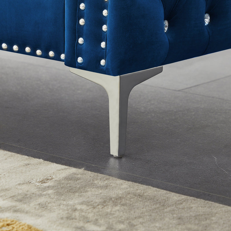 2 Piece Modern Velvet Living Room Set with Sofa and Loveseat, Jeweled Button Tufted Copper Nails Square Arms, 4 Pillows Included, Blue