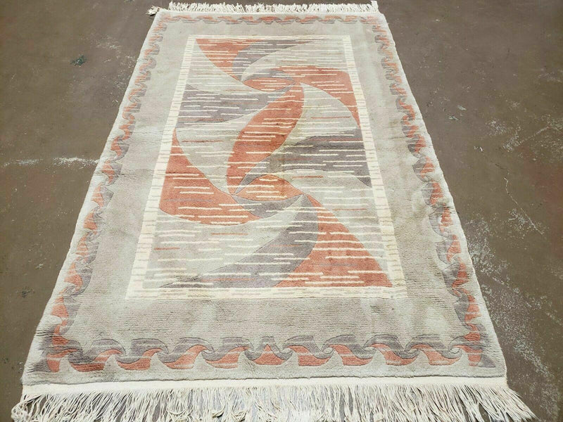 3' X 5' Handmade Modern Chinese Accent Rug - Silk on Cotton Carpet - Abstract Contemporary Design - Beige and Orange