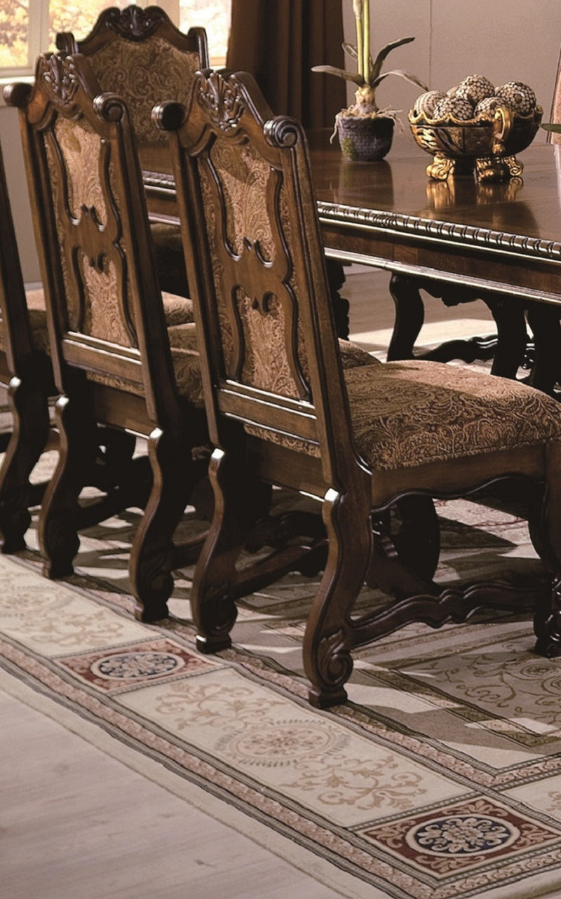 2pc Formal Traditional Dining Side Chair with Upholstered Padded Seat and Back Dining Room Solid Wood Furniture Luscious Brown Finish and Intricate Carved Detail