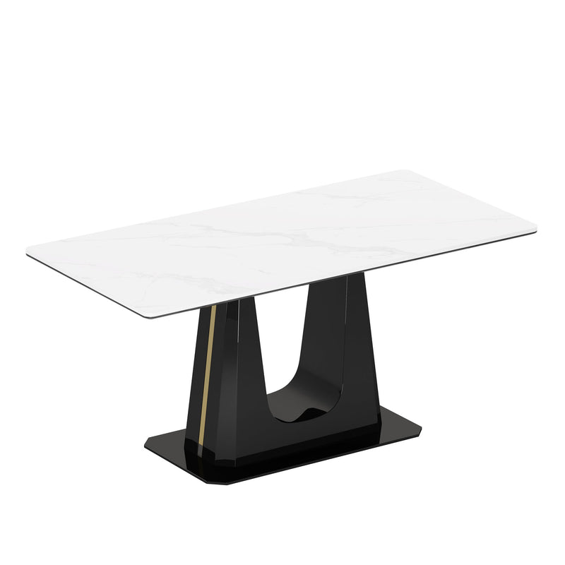 0.47" Thick Sintered Stone Composite Tempered Glass Top Rectangular Dining Table with Black Stainless Steel Base