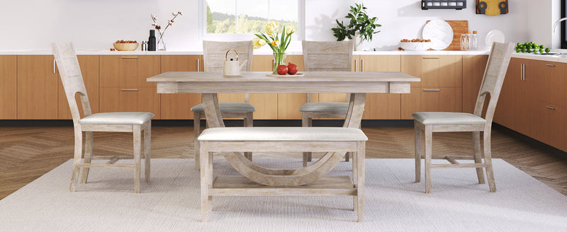 6-Piece Wood Half Round Dining Table Set Kitchen Table Set with Long Bench and 4 Dining Chairs, Modern Style, Natural