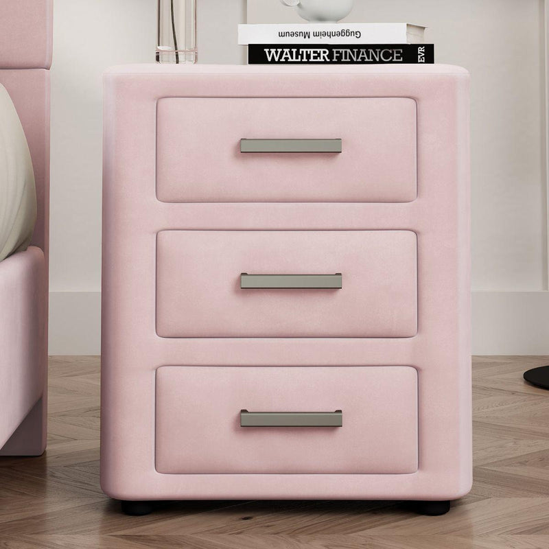 3 Pieces Bedroom Sets Full Size Velvet Upholstered Platform Bed Vertical Channel Tufted Headboard and Two Three-drawer Nightstands,Pink