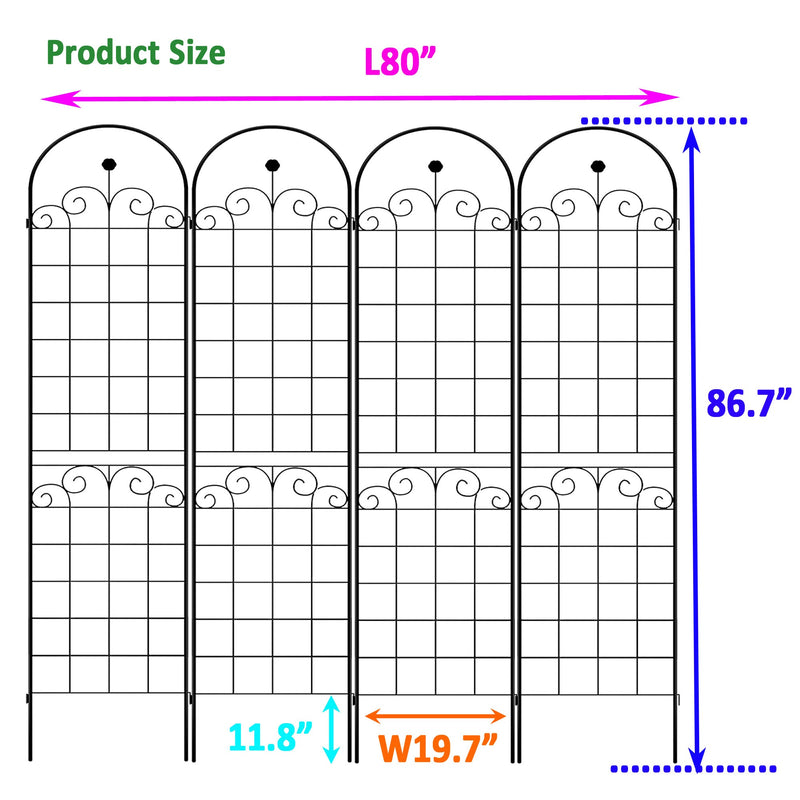 4 Pack Metal Garden Trellis for Climbing Plants Outdoor 86.7" x 19.7" Rustproof Plant Support Rose Trellis Netting Trellis Black