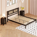 3-Pieces Bedroom Sets Queen Size Wooden Platform Bed with Natural Rattan Headboard, Nightstands Set of 2 with Rattan-Woven Surfaces and Three Drawers for Bedroom, Black