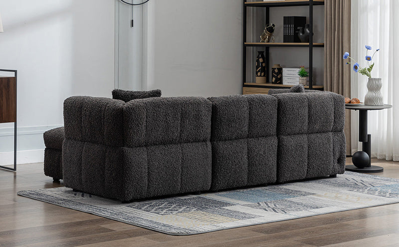 87.7" Sectional Sofa Cozy Teddy Fleece Fabric Sectional Sofa Couch with Two USB Ports a Movable Storage Ottoman and Two Lumbar Pillows for Living Room, Gray