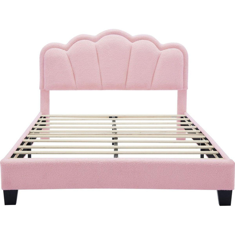 2-Pieces Bedroom Sets Full Size Flower-Shaped Upholstered LED Platform Bed with Storage Ottoman-Sherpa Fabric, Pink