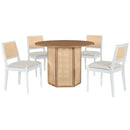 5-Piece Rattan Round Dining Table Set, Wood Table with Hexagonal Base and Upholstered Chairs for Dining Room, Kitchen,Indoor Use, White+Beige