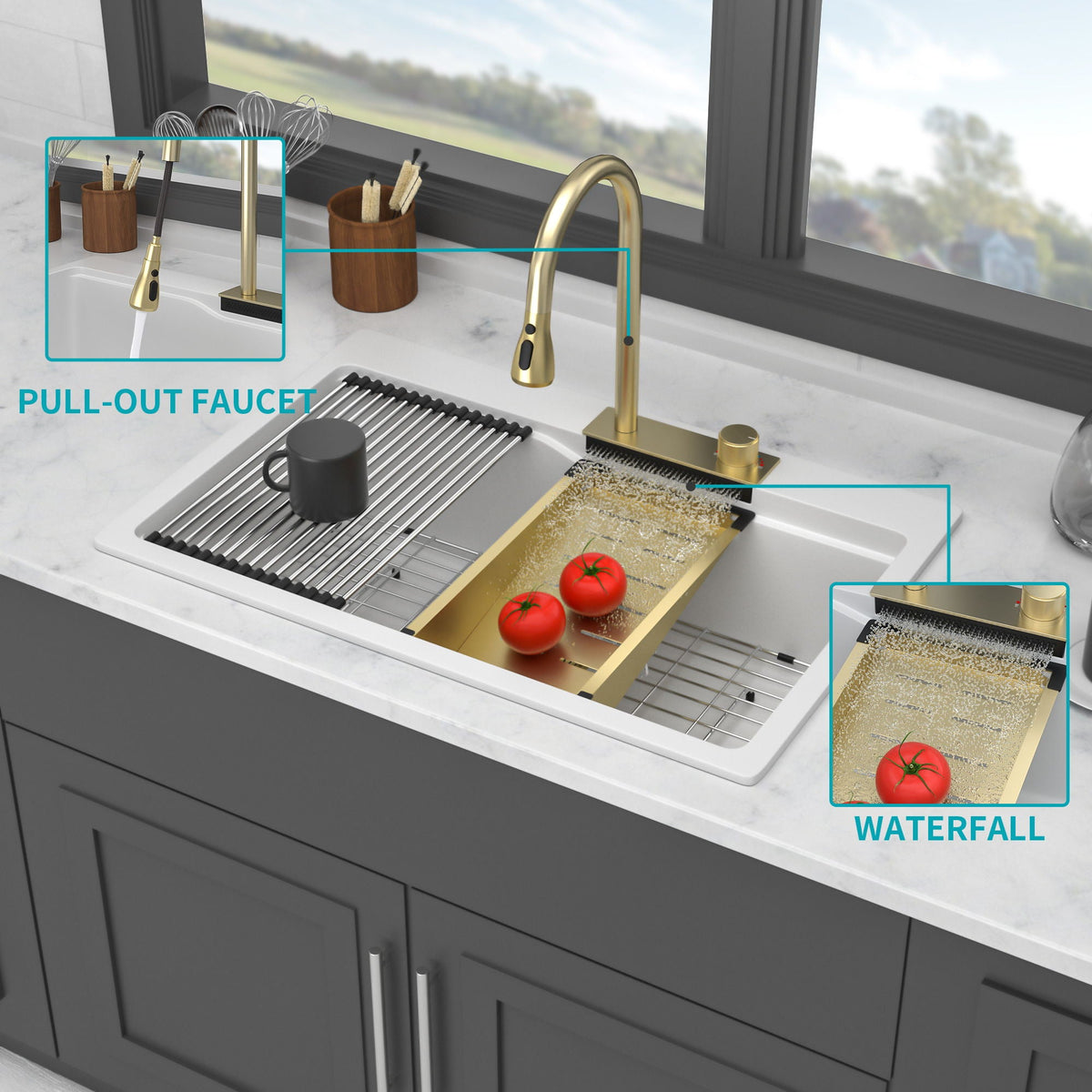 Waterfall Kitchen Sink With Pull Out Faucet & Cup Washer, photo 27 of 40