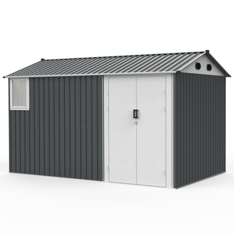 8x12 Ft Metal Outdoor Storage Shed with Window, Floor Base, Air Vents and Double Hinged Door