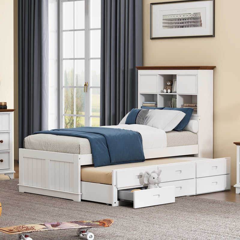 2 Pieces Wooden Captain Bedroom Set Twin Bed with Trundle and Nightstand,White+Walnut