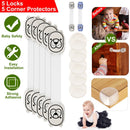 5Pcs Kids Safety Locks w/ 5 Furniture Corner Protectors Drawer Cabinet Strap Locks Baby-Proof Adhesive Fridge Latches Locks