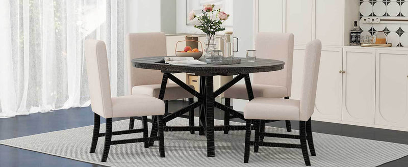 5-Piece Retro Functional Dining Set with Extendable Round Table with Removable Middle Leaf and 4 Upholstered Chairs for Dining Room and Living Room (Black)