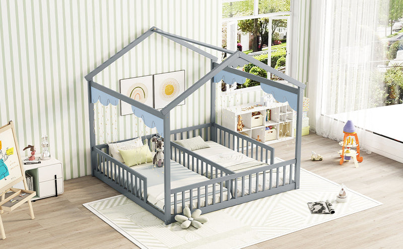Double Twin House-Style Floor Bed with Fence, Guardrails, without door, Grey(Old Sku:W504P143316)
