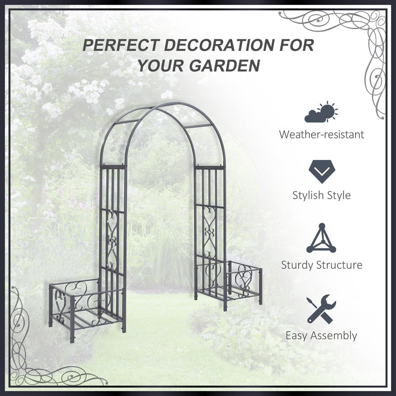 6.7' Steel Garden Arch Arbor with Scrollwork Hearts, Planter Boxes for Climbing Vines, Ceremony, Weddings, Party, Backyard, Lawn, Dark Gray