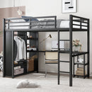Full Size Loft Bed Frame with Built-in Wardrobe, Metal Loft Bed with Desk and Storage Shelves