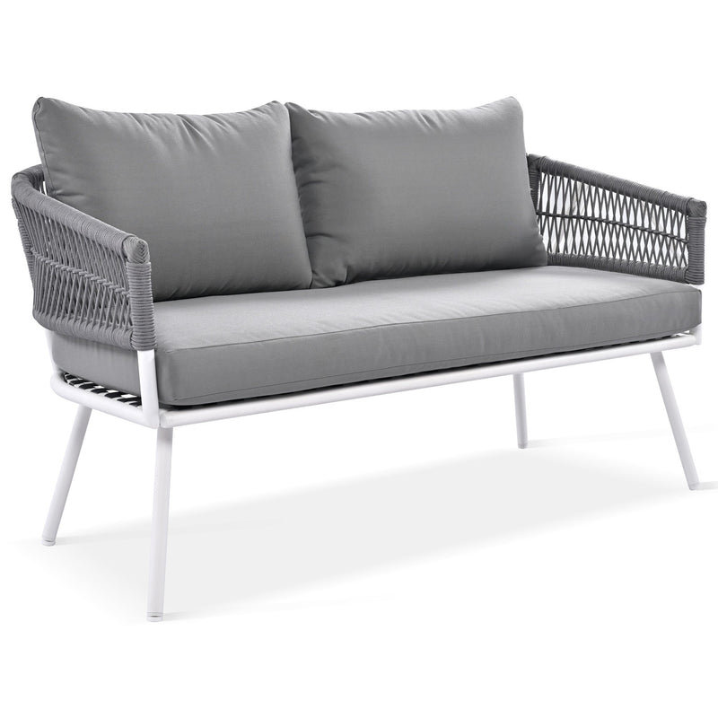 4-Piece Boho Rope Patio Furniture Set, Outdoor Furniture with Acacia Wood Table, Patio Conversation Set with Deep Seating & Thick Cushion for Backyard Porch Balcony, Grey