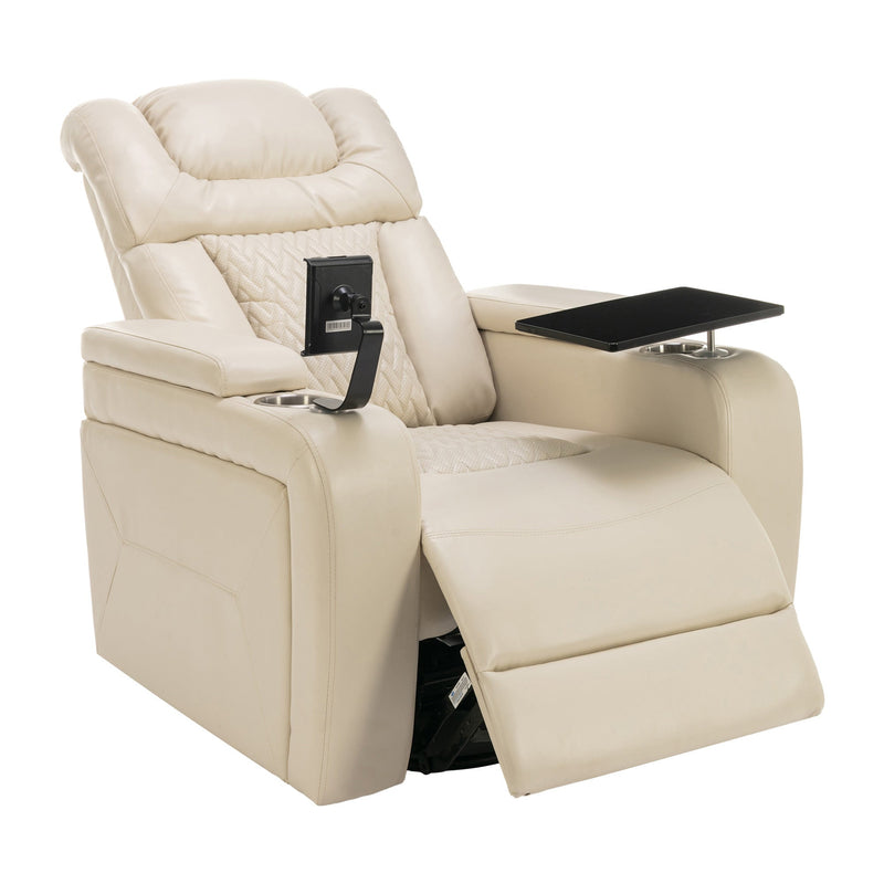 270 Degree Swivel PU Leather Power Recliner Individual Seat Home Theater Recliner with Comforable Backrest, Tray Table, Phone Holder, Cup Holder, USB Port, Hidden Arm Storage for Living Room, White