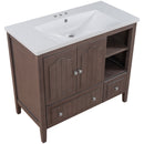 36" Bathroom Vanity with Ceramic Basin, Bathroom Storage Cabinet with Two Doors and Drawers, Solid Frame, Metal Handles, Brown