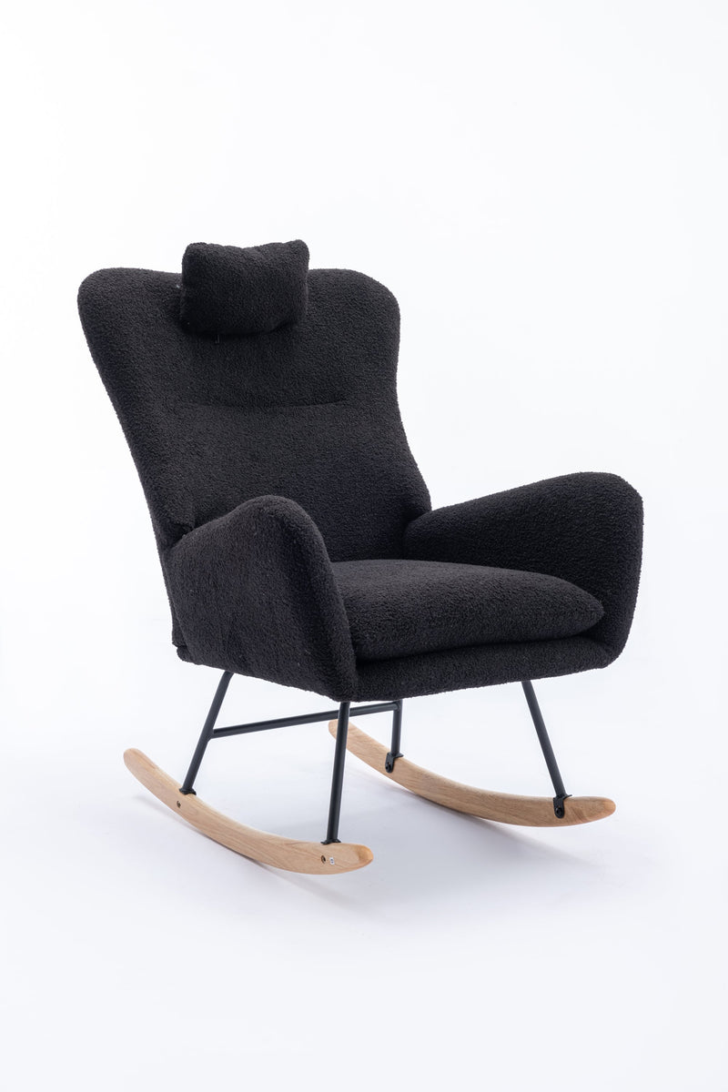 35.5 inch Rocking Chair, Soft Teddy Velvet Fabric Rocking Chair for Nursery, Comfy Wingback Glider Rocker with Safe Solid Wood Base for Living Room Bedroom Balcony (dark grey)