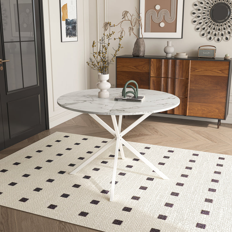 42.13" Modern Cross Leg Round Dining Table, White Marble Top Occasional Table, Two Piece Removable Top, Matte Finish Iron Legs