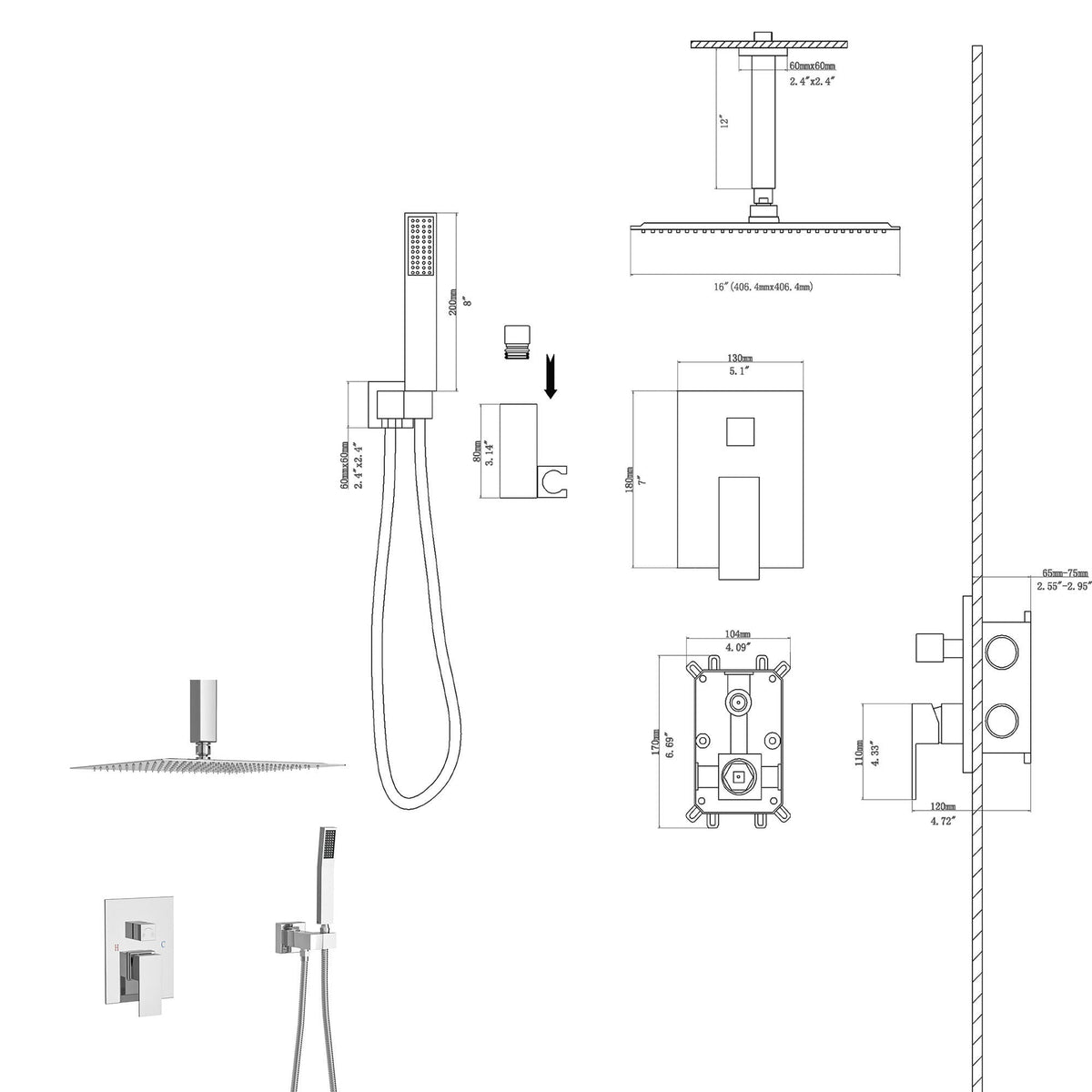 Modern Dual Shower Head System With 16" Ceiling Mount Finish, Stainless Steel And Brass, photo 17 of 28