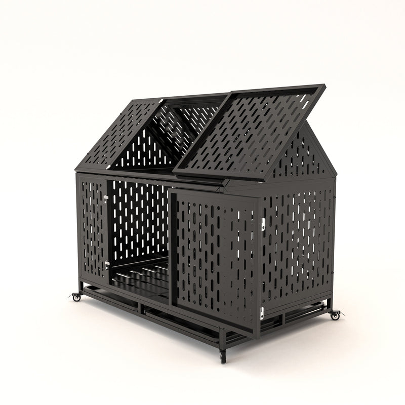45' Heavy Duty Dog Crate Indestructible Pet Dog Cage Crate Kennel with Roof Top 2 Doors Removable Trays, Lockable Wheels, Escape-Proof for High Anxiety Large/Extra Dogs