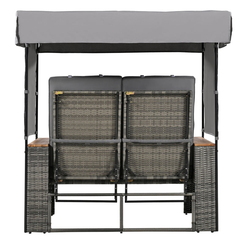 Walker Edison - 2-Piece Rattan Outdoor Patio Bench Lounge Roof Set, Effective UV Protection Fabric & Waterproof Cushions and Adjustable Backrest for Garden, Backyard and Porch (Grey Wicker + Grey Fabric)