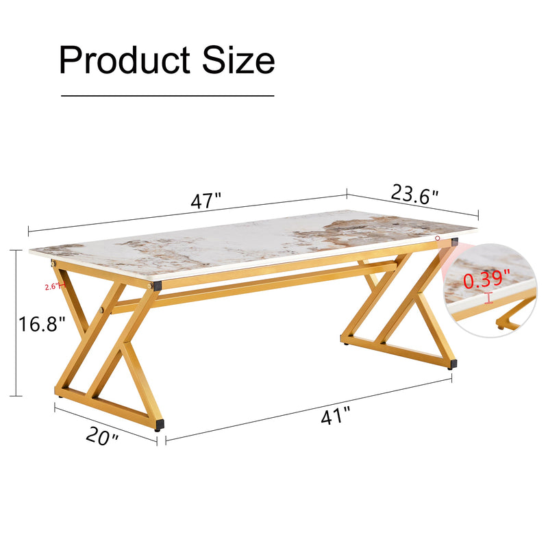 A modern minimalist style marble patterned coffee table with golden metal legs. Computer desk. Game table. Tea table. CT-XX