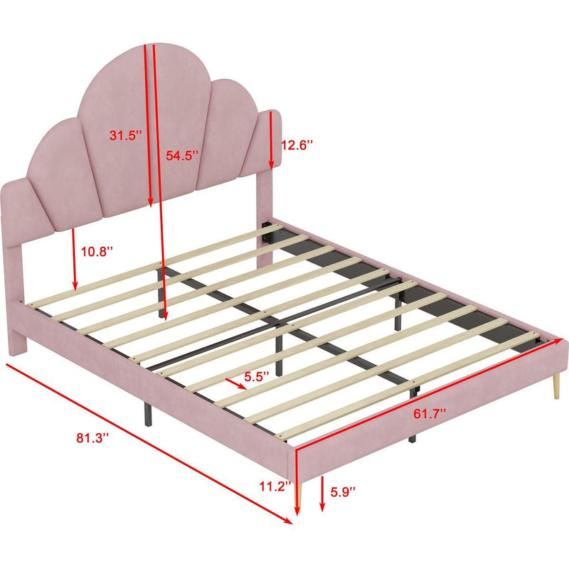 Queen Size Upholstered Bed Frame with Elegant Design, Modern Velvet Platform Bed with Petal Shape Headboard,Pink