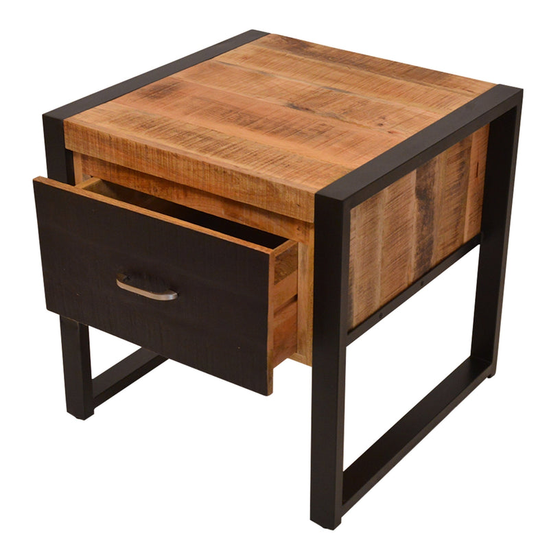 24 Inch Single Drawer Mango Wood Bedside Table, Iron Sled Style Base, Brown, Black