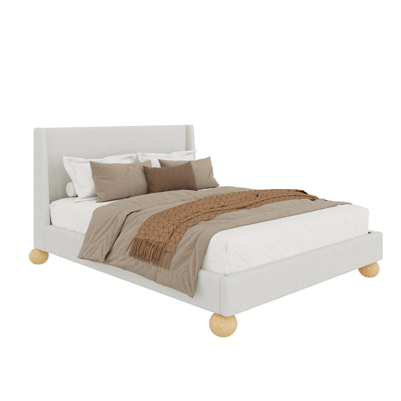 Walker Edison - Modern Boucle Upholstered Platform Bed with Wingback Headboard and Round Wooden Legs, Beige,Queen Size