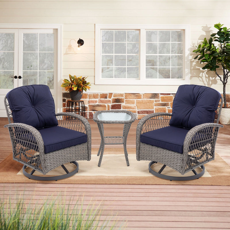 3 Pieces Outdoor Swivel Rocker Patio Chairs, 360 Degree Rocking Patio Conversation Set with Thickened Cushions and Glass Coffee Table for Backyard, Navy blue