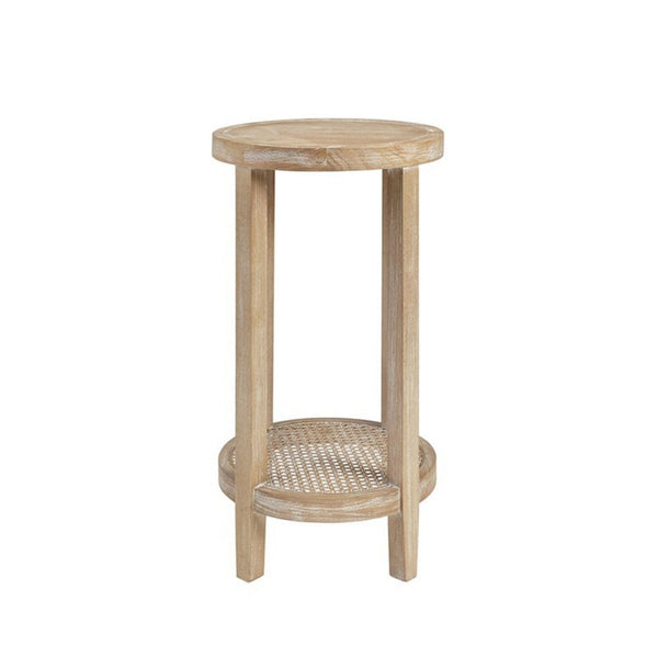 Reclaimed Wheat Round Accent Table with Rattan Cane Shelf