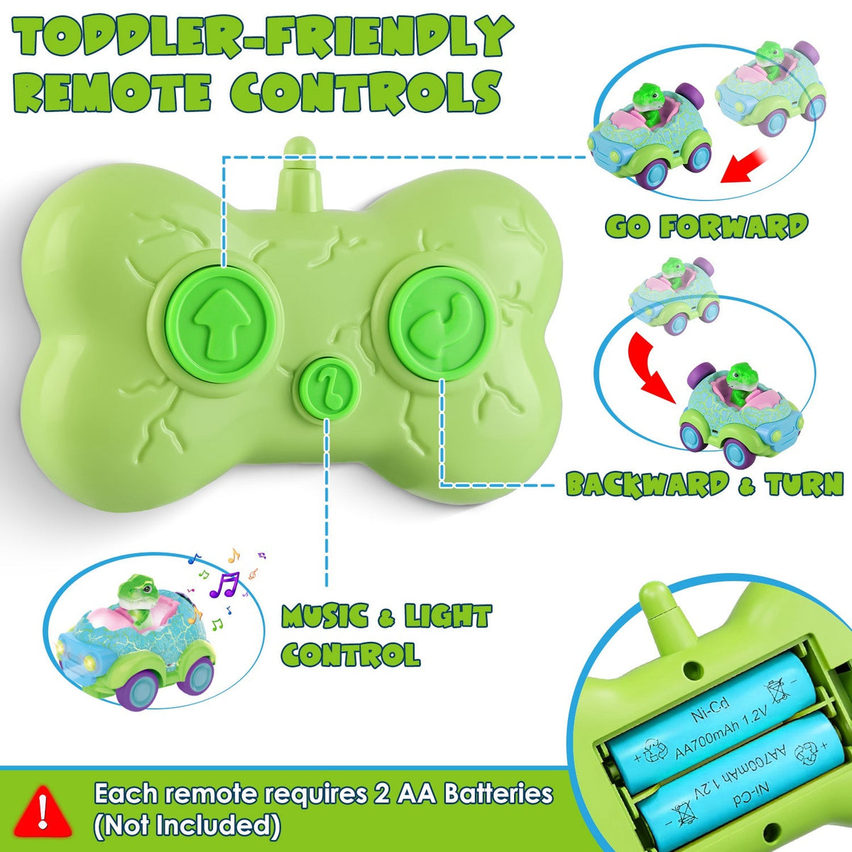 2Pack Dinosaur Remote Control Cars for Toddlers Rechargeable RC Cars with Light Music Birthday Gift For Boys Girls Aged 3 4 5 6 Years Old, photo 4 of 11