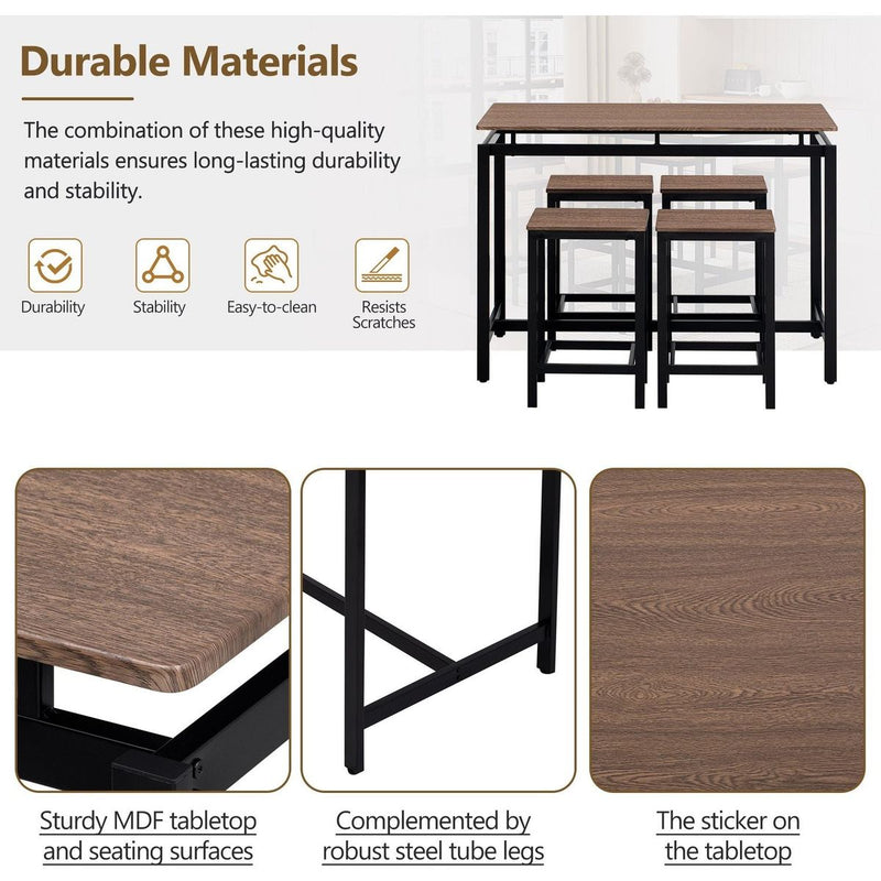 5-Piece Compact Bar Table Set with Table and Stools - Modern Industrial Design, Space-Saving Furniture for Dining Room and Breakfast Nook (Dark Brown)