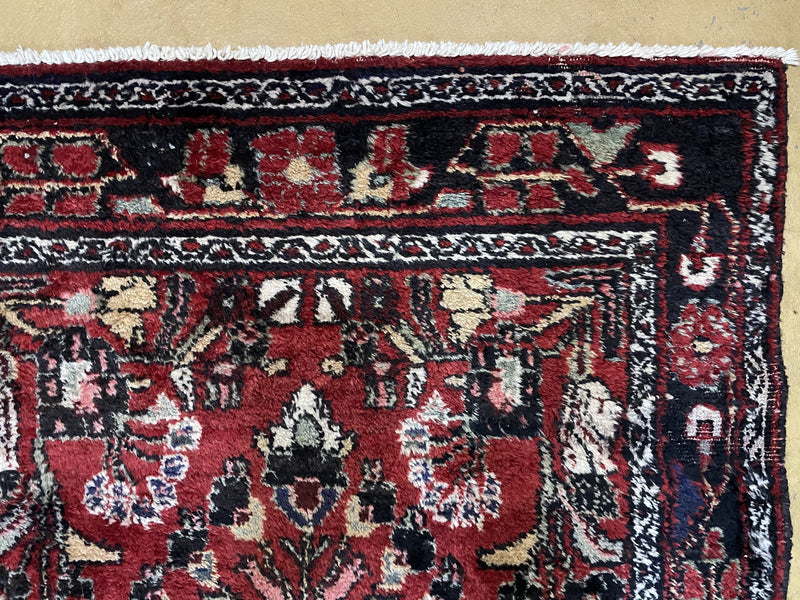 3' 4" X 9' Antique Handmade Wool Rug Runner Floral Organic Dyes Red Nice