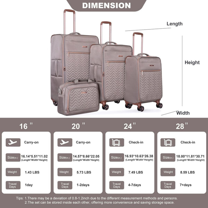 4-Piece Set (16/20/24/28), Softshell Suitcase Spinner Wheels Terylene Luggage Sets Carry On Suitcase Luggage Lightweight Durable Suitcase Khaki