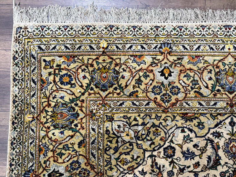 Rare Silk Persian Kashan Rug 4.6 x 7, Antique Fine 310 KPSI, Ivory