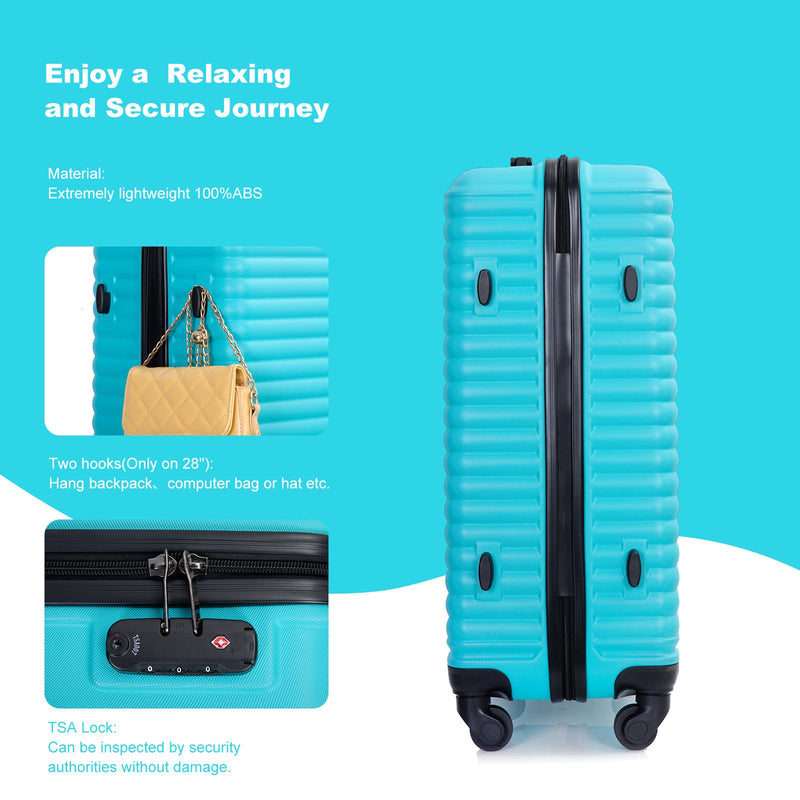 3 Piece Luggage Sets ABS Lightweight Suitcase with Two Hooks, Spinner Wheels, TSA Lock, (20/24/28) Turquoise