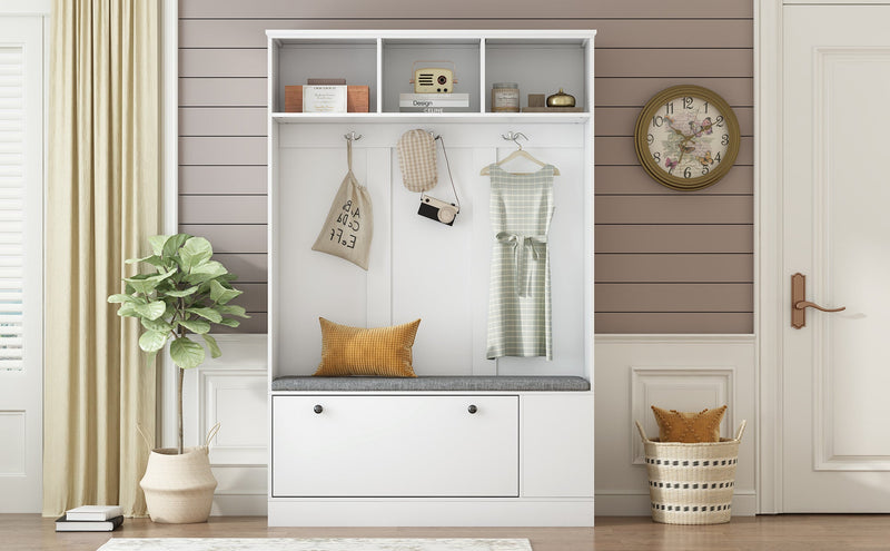 5-in-1 Entryway Bench with Coat Rack, Cushion and 3 Sturdy Hooks, 47.2" Wide Hall Tree with Shoe Storage Bench for Hallway, Entryway, Living Room