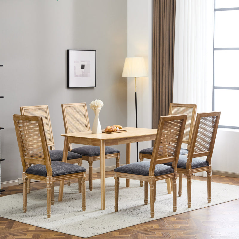 Elegant French Country Dining Chairs Set of 6 with Cane Backrest & Upholstered Seats in Blue Gray Solid Rubberwood Frame