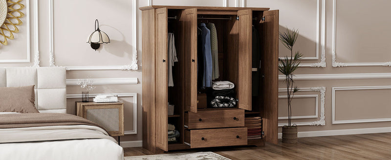 4 Door Wardrobe Armoire Closet with 2 Drawers, Brown