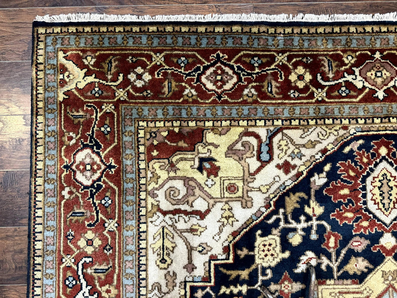 Indo Persian Heriz Rug 8x10, Geometric Medallion, Serapi Carpet, Wool Vintage Rug