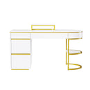 60"Modern Executive Desk,White Curved Computer Desk with Gold Metal Legs,3-Drawers Home Office Desk,Writing Desk with 1 Storage Cabinet for Home Office,Living Room,Gold+White