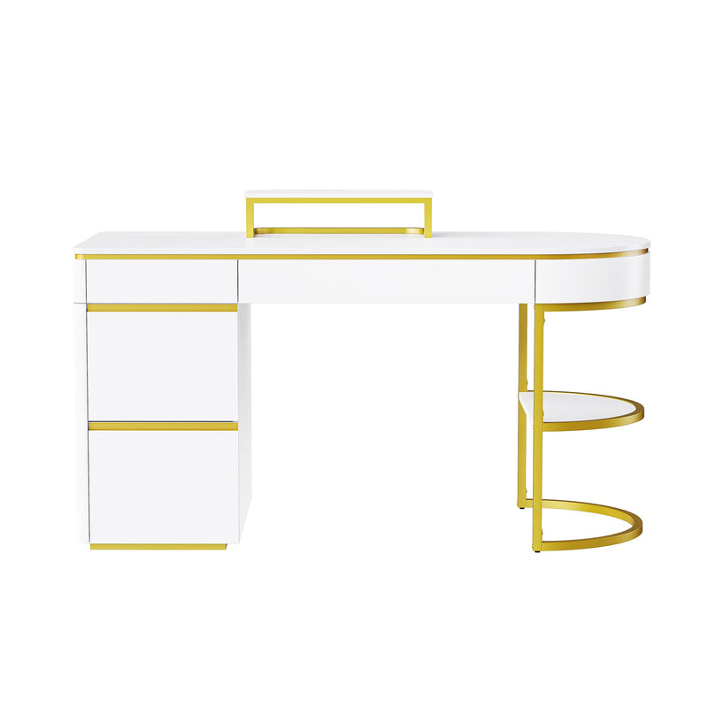 60"Modern Executive Desk,White Curved Computer Desk with Gold Metal Legs,3-Drawers Home Office Desk,Writing Desk with 1 Storage Cabinet for Home Office,Living Room,Gold+White