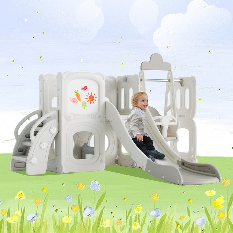 5 in 1 T oddler Slide and Swing Set, Kids Playground Climber Slide Playset with Drawing Whiteboard, Freestanding Combination for Babies