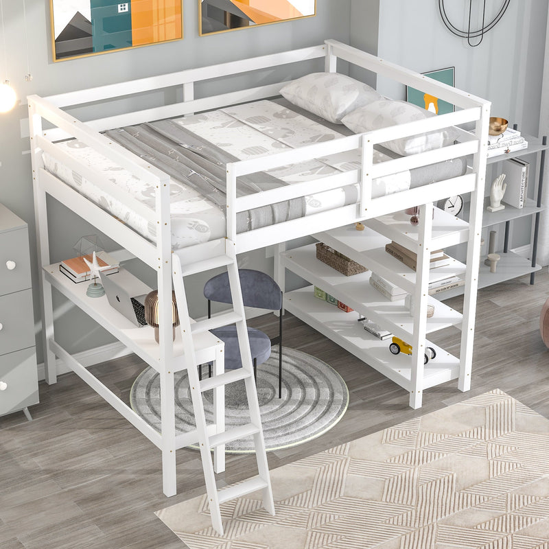 Loft Bed Full with desk,ladder,shelves, White